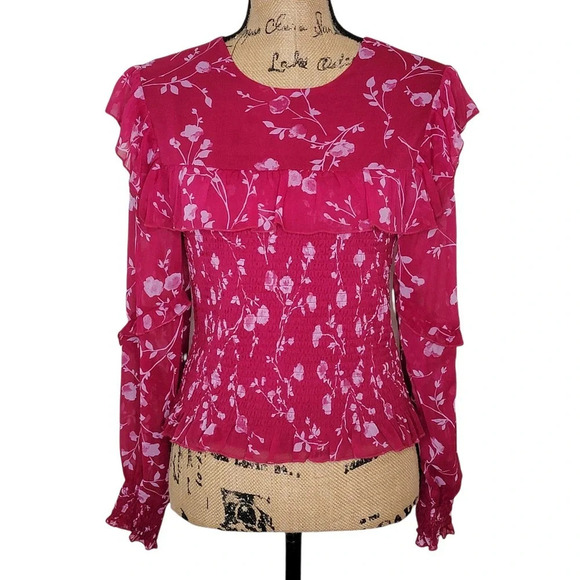 WAYF Womens Floral Smocked Ruffled Blouse Size Medium Dark Pink - Picture 1 of 16